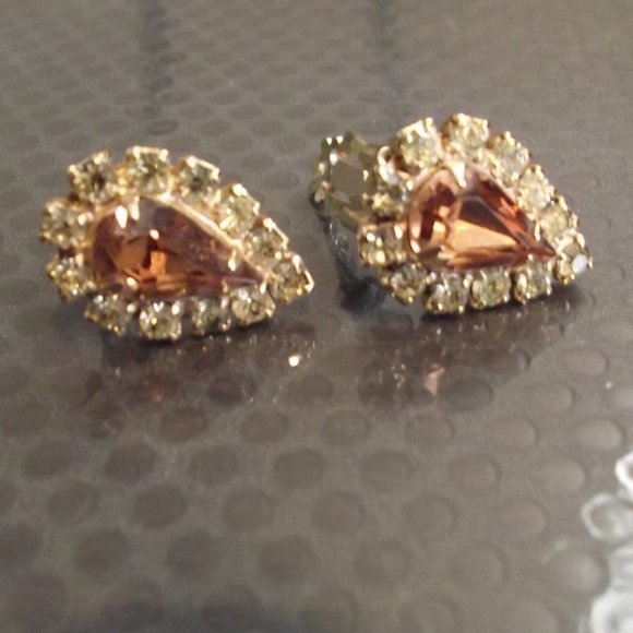 Jewelry - Vintage Amber & White Rhinestone Clip on Earrings